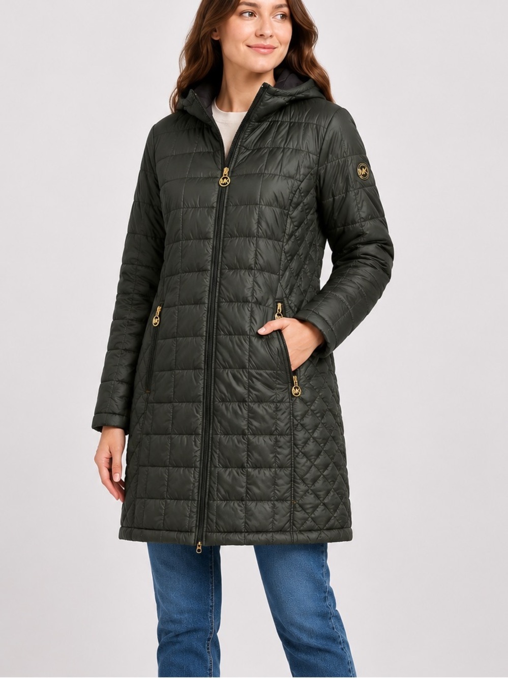 Michael Kors Packable Down UnderFill Hooded Puffer Coat Women’s Small Gren Gold